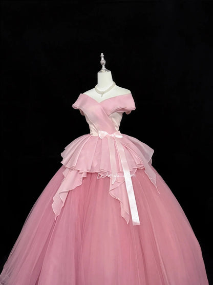 Tulle Prom Dress Long Floor Length Ball Gown Off Shoulder Pink With Sleeves Formal Evening Gown For Women RC0278