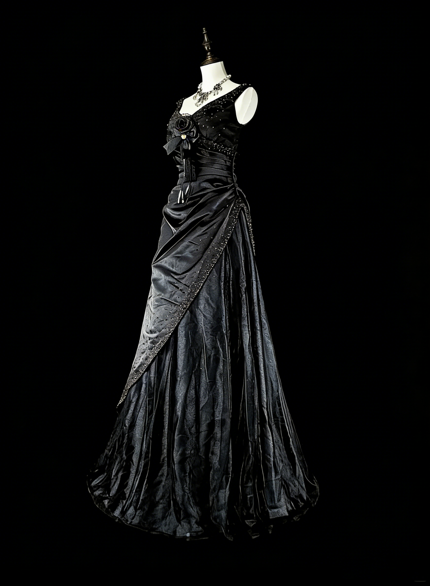 Verträumte Abschlussballkleider Vintage 90er Jahre mit Perlen V-Ausschnitt A-Linie Satin Schwarz Lange Formelle Outfits N2375