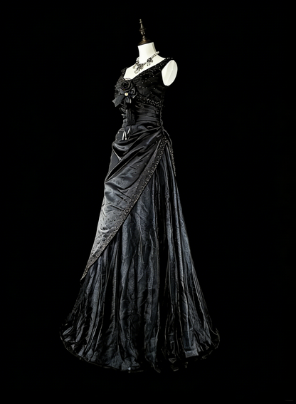 Verträumte Abschlussballkleider Vintage 90er Jahre mit Perlen V-Ausschnitt A-Linie Satin Schwarz Lange Formelle Outfits N2375