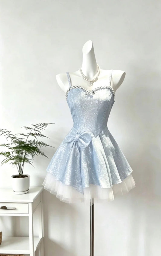 Classy A line Spaghetti Strap Light Sky Blue Sequin Night Short Graduation Dress Inspo Senior Homecoming Outfits RB4819
