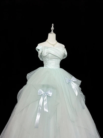 Tulle Prom Dress Long Floor Length Ball Gown Off Shoulder Mint Green With Bow-knot Formal Evening Gown For Women RC0248