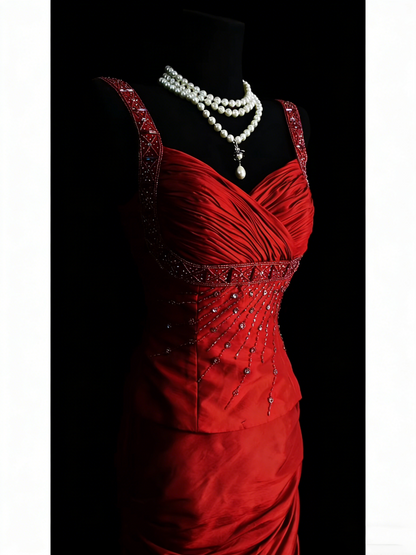 Robe de bal longue rouge satinée à décolleté cœur, style sirène, élégante, pour lycéennes, N1250