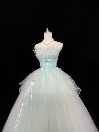 Sweet 16 Dresses Long Ball Gown Sweet Sixteen Long Birthday Dress Strapless Blue Tulle Formal Gown RC0284