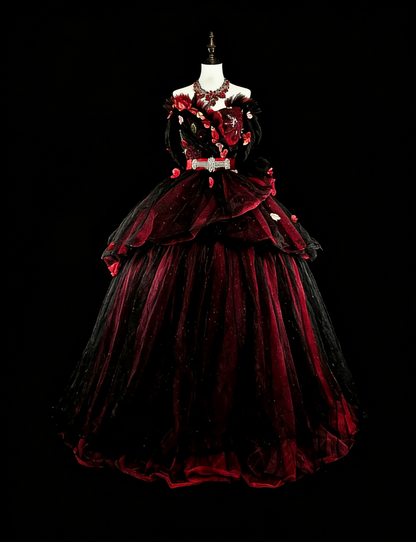 Robes de bal modestes Robe de bal bustier en tulle bordeaux avec applique longue robe de quinceañera N3066