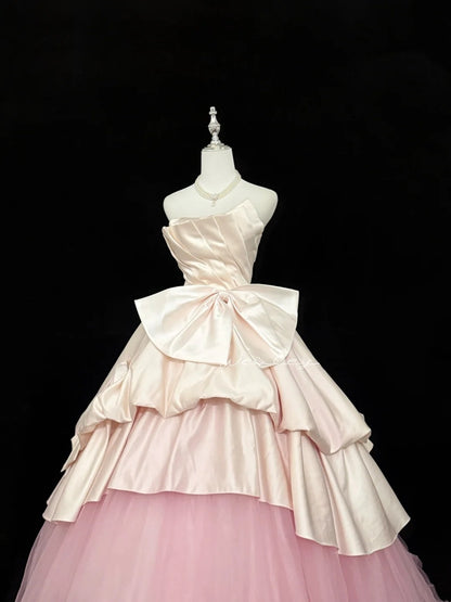Süße Kleider für den 16. Geburtstag, langes Ballkleid, trägerlos, zartrosa, Satin und Tüll, formelles Abendkleid für den 16. Geburtstag RC0262