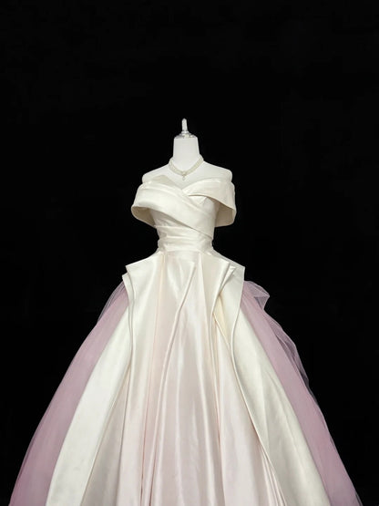 Langes schulterfreies Ballkleid für den 16. Geburtstag mit Ärmeln aus rosa Tüll, RC0339