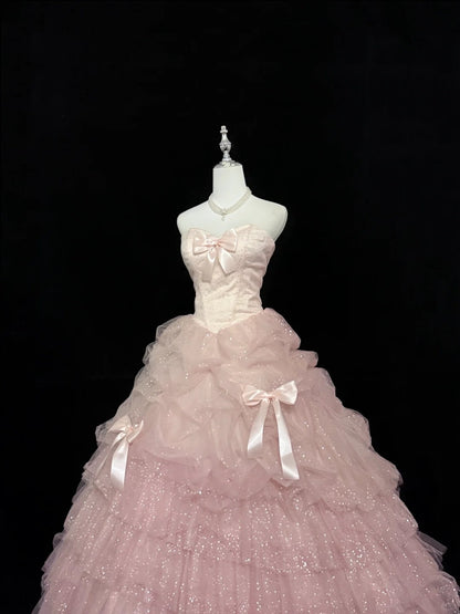 Sweet 16 Kleider langes Ballkleid Sweet Sixteen langes Geburtstagskleid herzförmiger Ausschnitt zartrosa Tüll Abendkleid RC0290