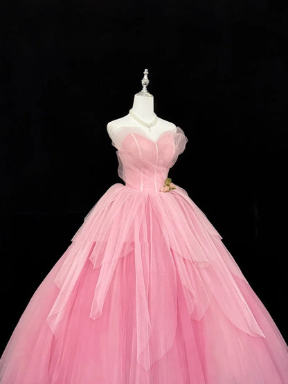 Sweet-16-Kleider langes Ballkleid Sweet-Sixteen langes Geburtstagskleid herzförmiger Ausschnitt rosa Tüll Abendkleid RC0296