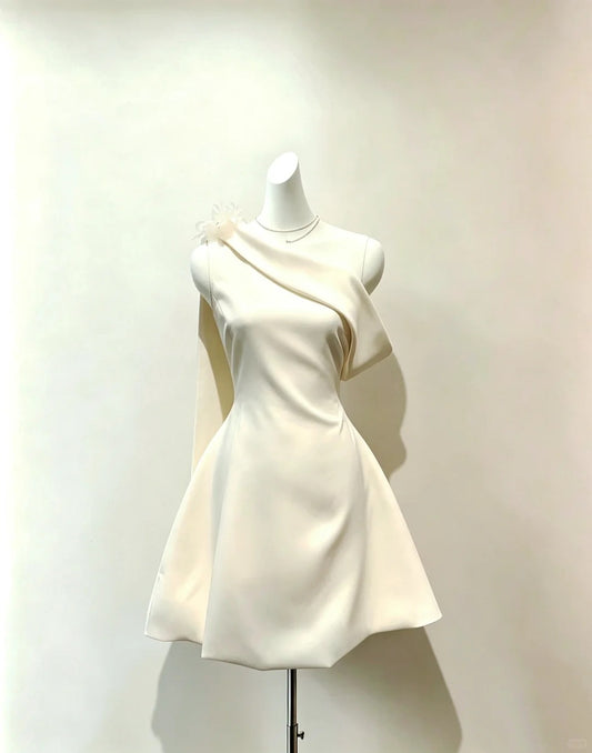 Elegant One Shoulder A Line Light Daffodi Satin Mini Short Cocktail Gown Homecoming Dresses Ideas Hoco Outfits RB4901