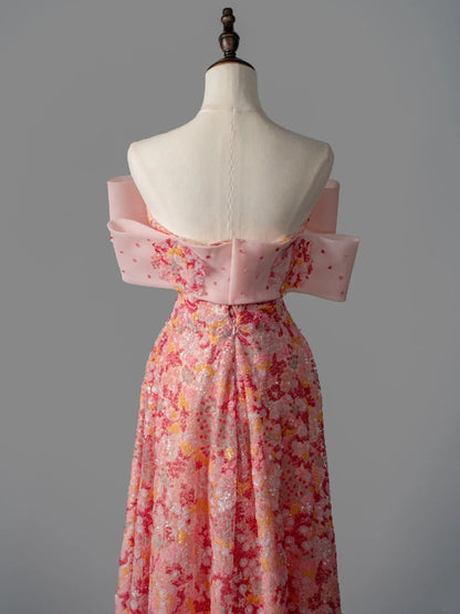 Robe de bal longue rose à sequins, coupe trapèze, épaules dénudées, style sage, idéale pour les jeunes filles (N1170).