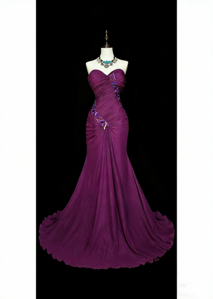 Robe de bal d'été vintage sirène à décolleté bustier orné de perles violettes, longue, idéale pour la plage ou les soirées formelles printanières (N1420)