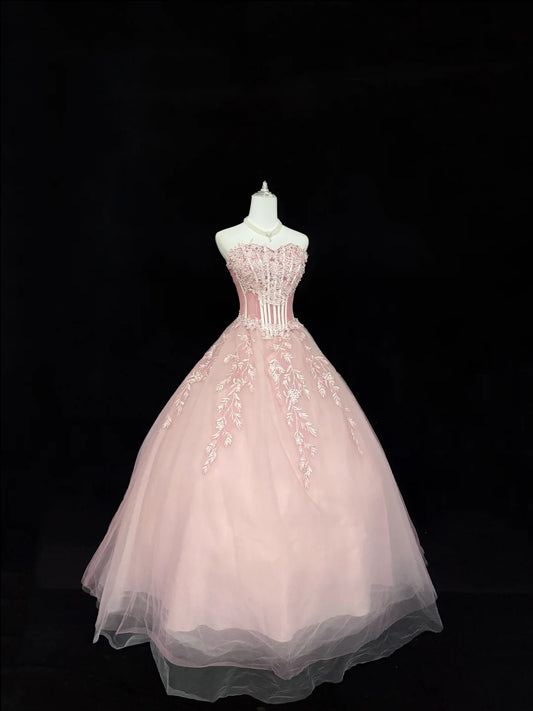 Sweet 16 Dresses Long Ball Gown Sweet Sixteen Long Birthday Dress Sweetheart With Lace Appliqued Pink Formal Gown RC0302