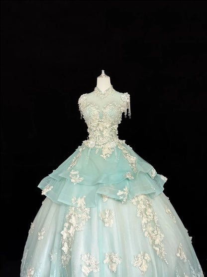 Sweet 16 Dresses Long Ball Gown Sweet Sixteen Long Birthday Dress High Neck Mint Green Tulle Formal Gown RC0281
