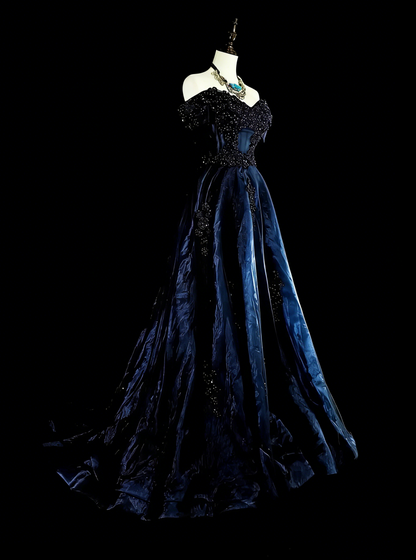 Robes de bal vintage pour le bal de promo, en tulle bleu marine, avec applications, années 80, longues robes de soirée N2720
