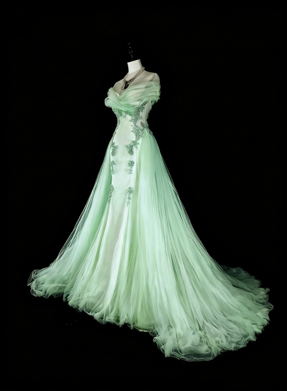 Robes de bal de rêve Vintage Années 80 Rétro Épaules dénudées Tulle Vert Menthe Dentelle Longues Tenues Formelles N2365