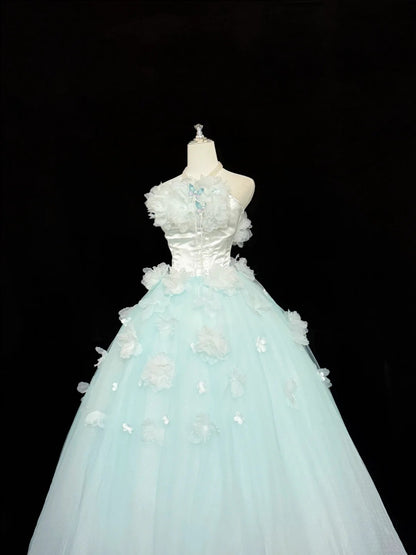 Cute Sweet 16 Dresses Long Ball Gown Strapless Blue With Flowers Tulle Formal Sweet Sixteen Birthday Gown RC0256