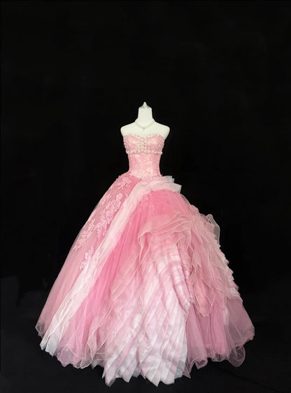 Sweet 15 Quinceanera Dress Ball Gown Sweetheart Pink With Lace Appliques Tulle 15th Birthday Gown RC0254