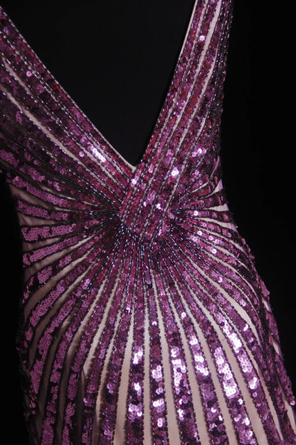 Robes de bal vintage Esthétique Années 80 Rétro Sirène Col en V Lilas Paillettes Robes de soirée longues N2330