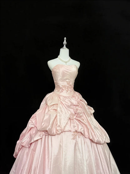 Cute Sweet 16 Dresses Long Ball Gown Strapless Blush Pink Satin With Lace Formal Sweet Sixteen Birthday Gown RC0258