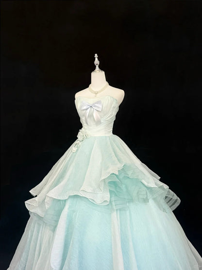 Sweet 15 Quinceanera Dress Ball Gown Strapless Mint Green Blue With Bow-knot Tulle 15th Birthday Gown RC0242