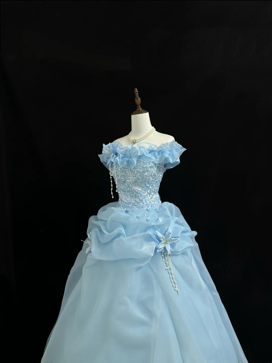 Blue Sweet 16 Dresses Long Ball Gown Off Shoulder With Ruffled Lace Sweet Sixteen Birthday Gown RC0229