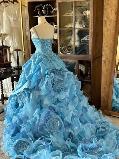 Vintage Ballkleid Spaghettiträger Blau Mit Lagen Stufen Sweet 16 Kleider Lang 15 Vestidos De Fiesta N2264