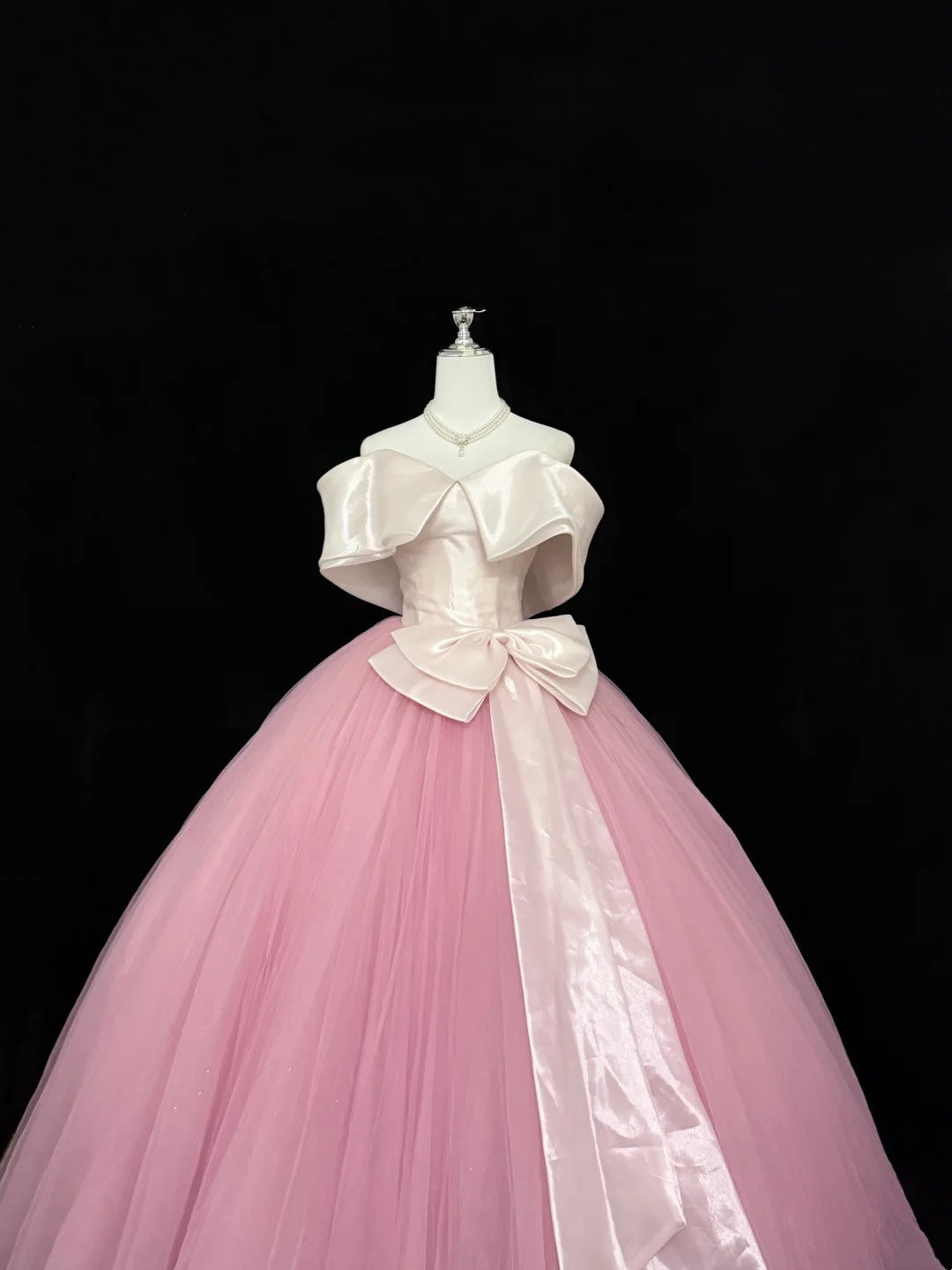 Prom Dress Long Floor Length Ball Gown Off Shoulder Tulle Pink With Sleeves Formal Evening Gown For Women RC0287