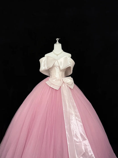 Prom Dress Long Floor Length Ball Gown Off Shoulder Tulle Pink With Sleeves Formal Evening Gown For Women RC0287