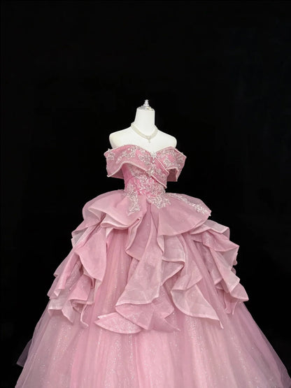 Tulle Prom Dress Long Floor Length Ball Gown Off Shoulder Pink With Sleeves Lace Formal Evening Gown For Women RC0267