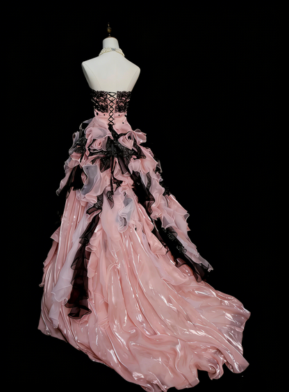 Robe de soirée bustier rose en tulle avec volants à plusieurs niveaux, longues robes de bal N2242