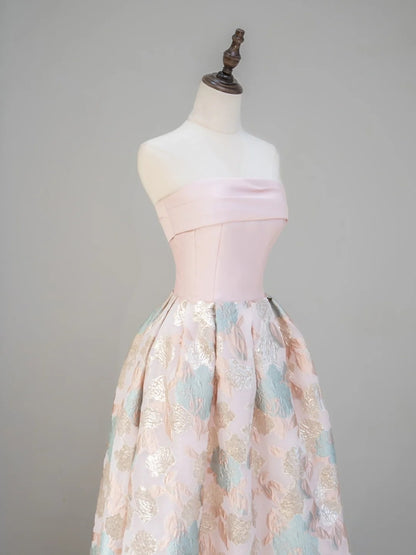 Classy Ball Gown Strapless Pink Floral Satin Prom Dresses Long Party Dress 18th Birthday Outfit Graduation Dress RB1037