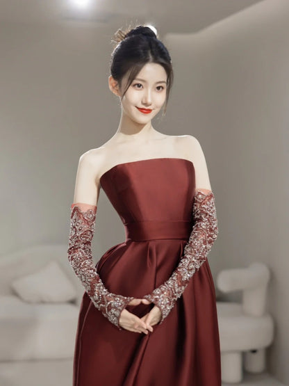 Modest Mermaid Strapless Satin With Gloves For Women Party Dress Long Formal Prom Dresses 22th Birthday Outfits N297