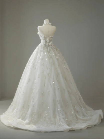 Robe de mariée classique à col montant, ornée de cristaux et de sequins blancs, idéale pour l'été (N276)