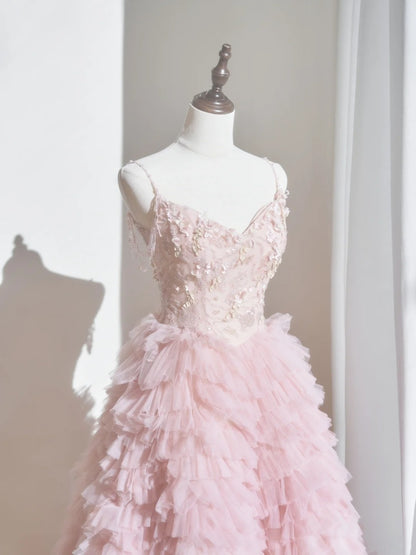 Robe de bal longue en tulle rose poudré à fines bretelles spaghetti, inspiration robe de soirée formelle N235
