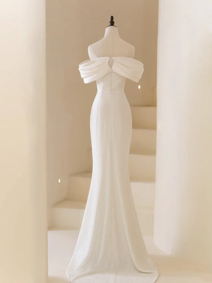 Robe de mariée sirène classique en satin blanc à épaules dénudées et manches courtes, robe de mariée longue N234
