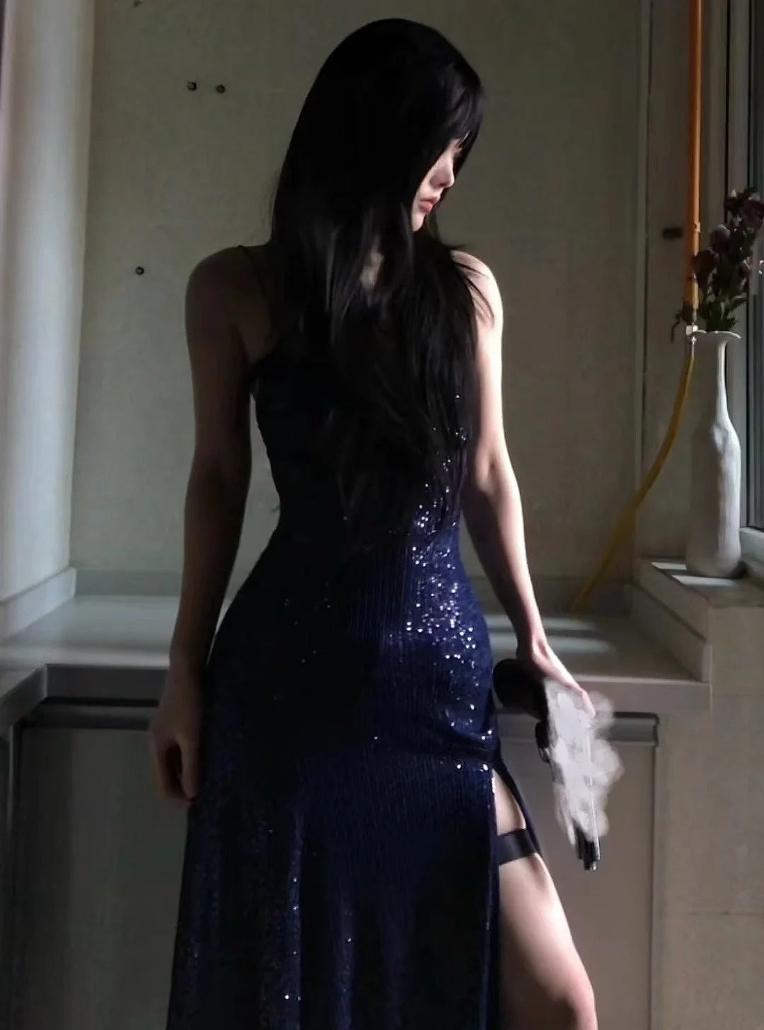 Sexy marineblaues, langes Meerjungfrauen-Abendkleid mit V-Ausschnitt, Schnürung und Schlitz, formelles Kleid AB1826