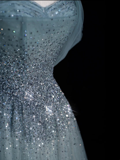 Elegant Ball Gown Off The Shoulder Dusty Grey Tulle Long Prom Dresses For Teens Evening Outfits Formal Dress N1090