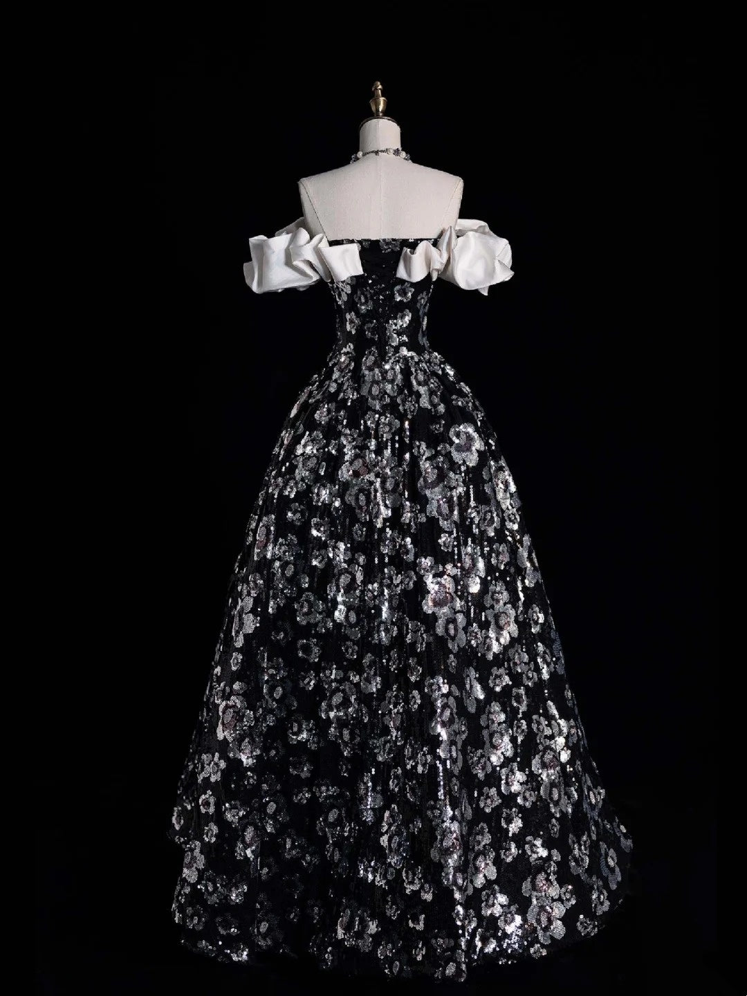 Robe de bal sobre à épaules dénudées, sequins floraux noirs, tenue de soirée pour jeunes filles (N1166), robe de bal longue pour adolescentes