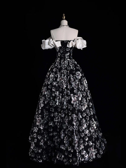 Robe de bal sobre à épaules dénudées, sequins floraux noirs, tenue de soirée pour jeunes filles (N1166), robe de bal longue pour adolescentes