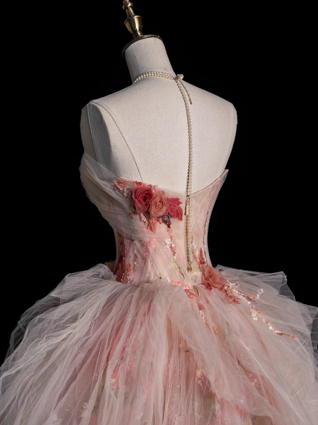 Robe de bal modeste sans bretelles en tulle rose à fleurs, inspiration robes de soirée, robe de princesse formelle N756