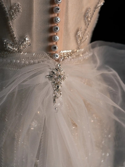 Robe de mariée sirène à paillettes ivoire, col en V, coupe ajustée, modèle N1353