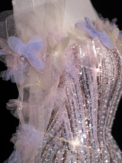 Robe de soirée longue de bal de style princesse, épaules dénudées, à sequins, référence N741