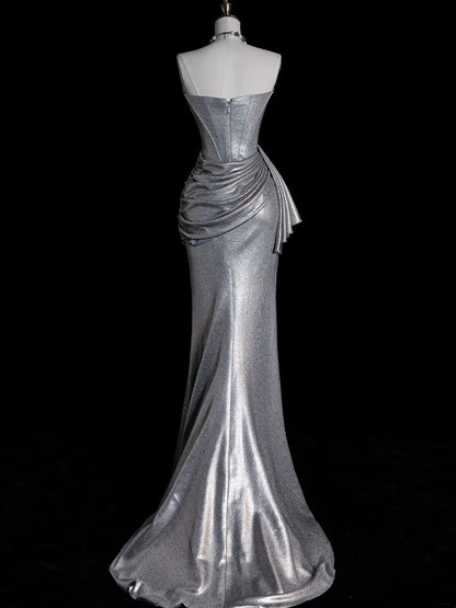 Robe de bal longue sirène sans bretelles, sequins gris argentés, corsage plissé, robe de soirée N611