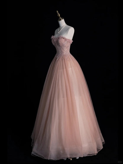 Robe de bal longue rose en tulle à fines bretelles - Inspiration robes de soirée - Robe de bal formelle N1214