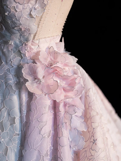 Robe de bal modeste rose à dos nu et imprimé floral, idéale pour une soirée étudiante ou un bal de fin d'année (N1216)