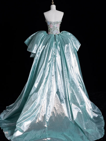 Schlichtes, ärmelloses, langes Tüllkleid mit Blumenmuster und Herzausschnitt in Mintgrün für Damen und Mädchen, Abendkleid N655