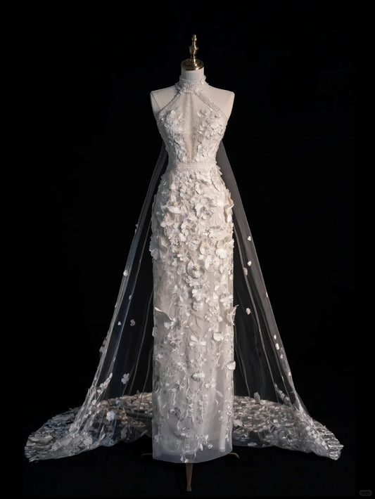 Pretty Sheath High Neck White Lace With 3D Flowers Brides Gown Bridal Dress Style Long Wedding Dresses RB6572