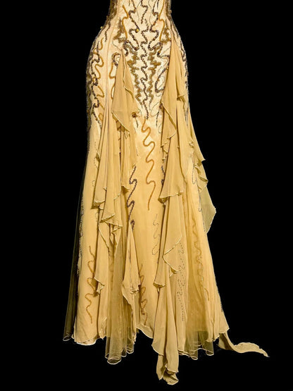Bescheidene Ballkleider Meerjungfrau Trägerlos Gold Chiffon Mit Perlenbesatz Langes Formelles Abendkleid N3863