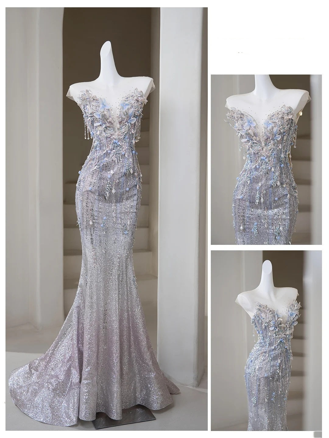 Robe de mariée sirène classique, décolleté cœur, sequins gris argentés et cristaux, robe de mariée N299