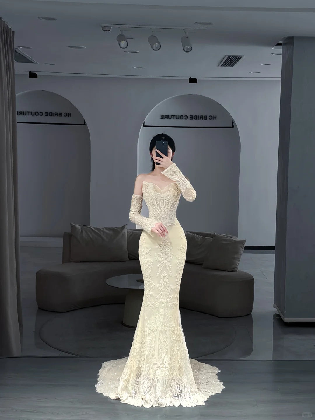 Robes de Mariée de Princesse Sirène sans Bretelles en Dentelle avec Manches Longues Robe de Mariée N3081